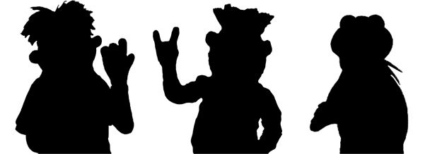 Silhouettes of 2 non-recognizable puppets and 1 recognizable puppet
